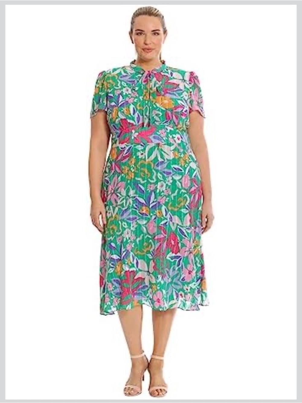 Maggy London Green Pink Floral Short Sleeve Neck Tie Modest Midi Sandra Dress